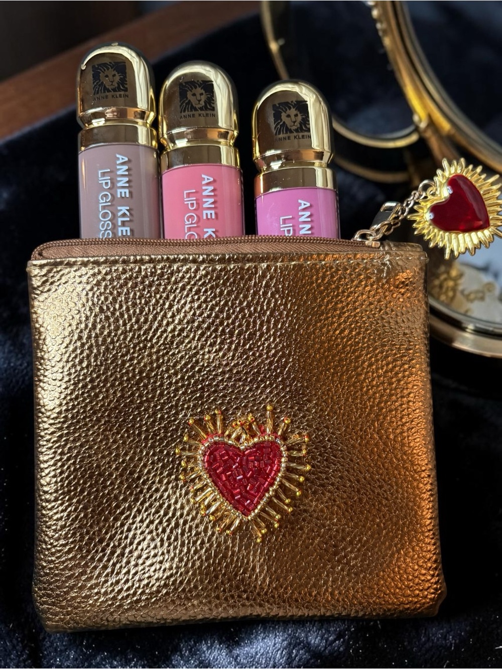 Anne Klein Gold Heart Pouch with Pink Lip Gloss Trio